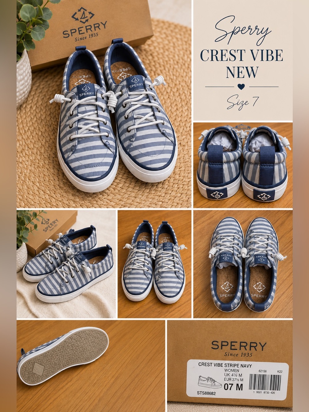 NWT Sperry Crest Vibe Navy Stripe Size 7